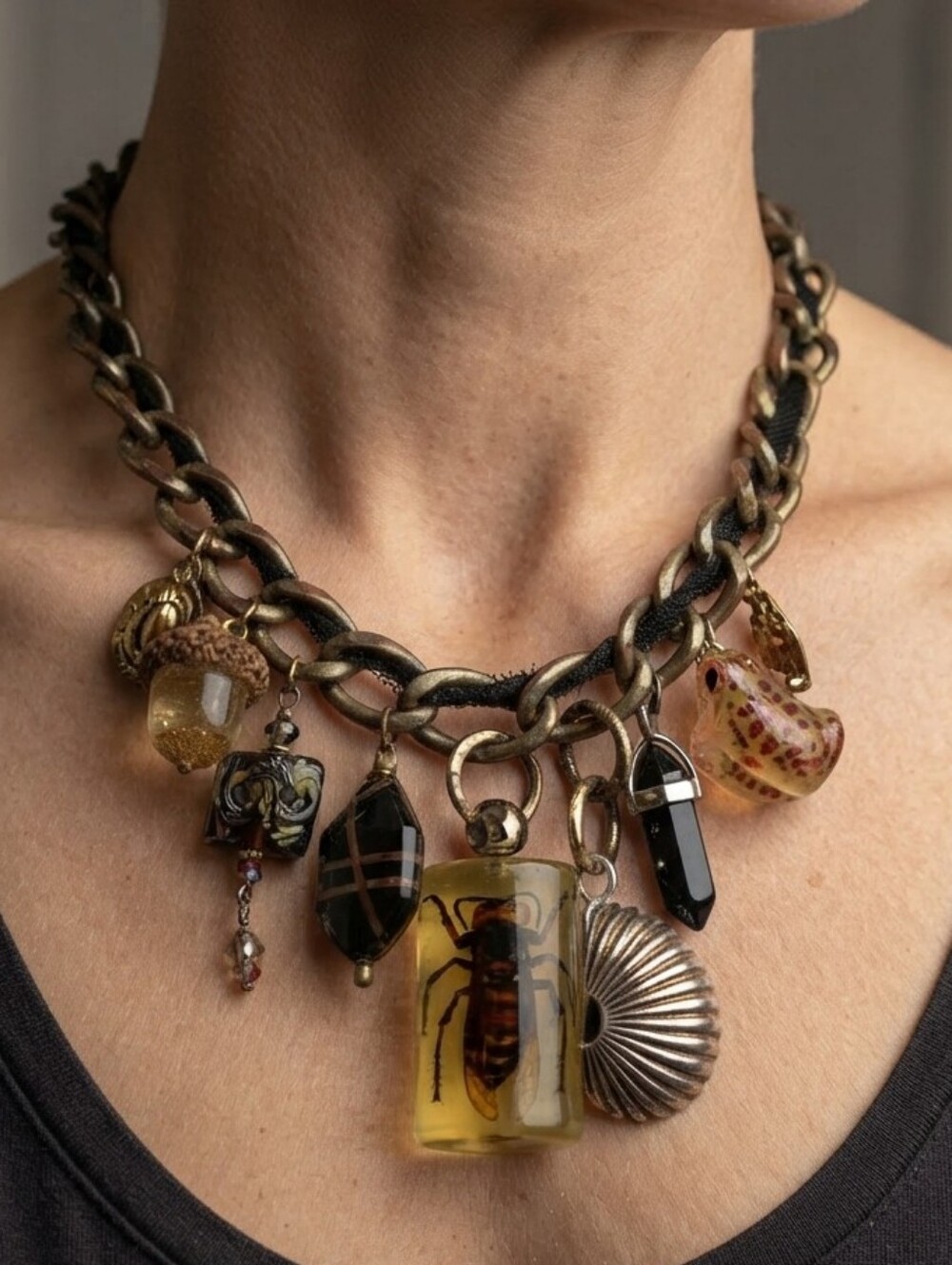 Gothic 18" Whimsigoth Insect & Oddity Charm Necklace Assemblage Collage Jewelry